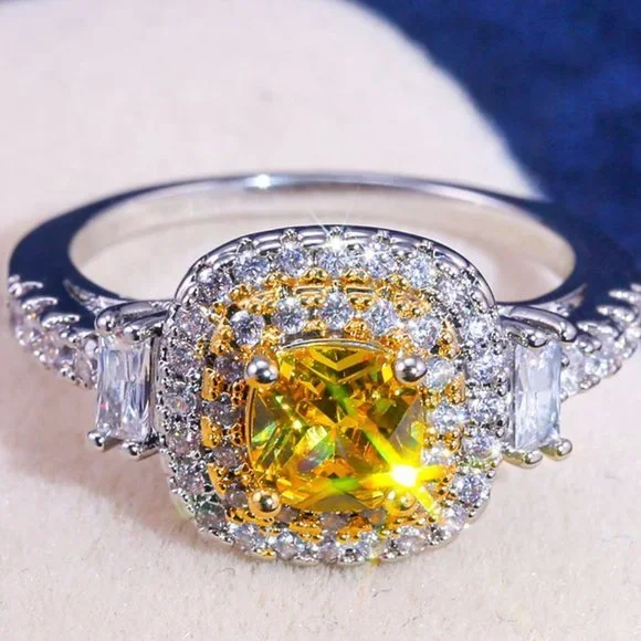 🍁 Noble Round Yellow Gemstone Square Diamond Silver Ring for Women,VIP244